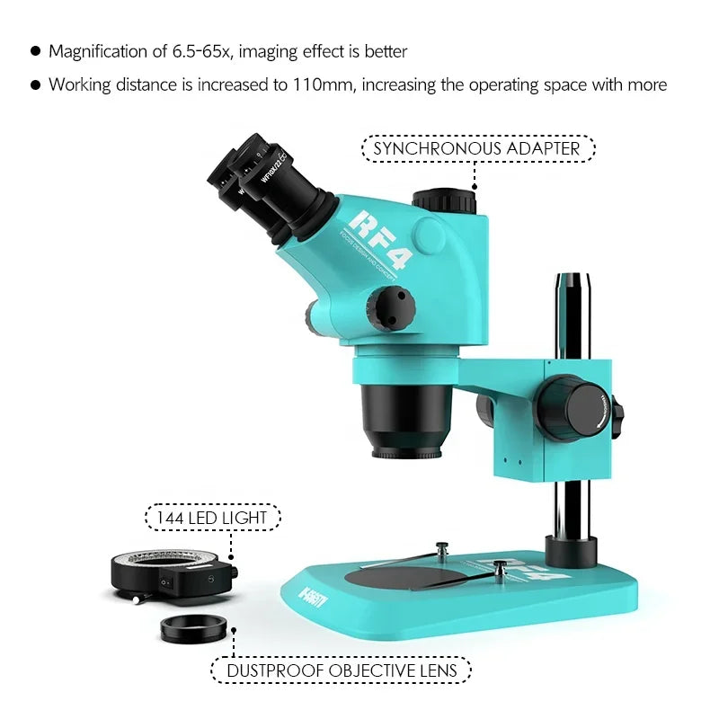 RF6565TV 6.5X to 65X Trinocular Microscope 144 LED Light