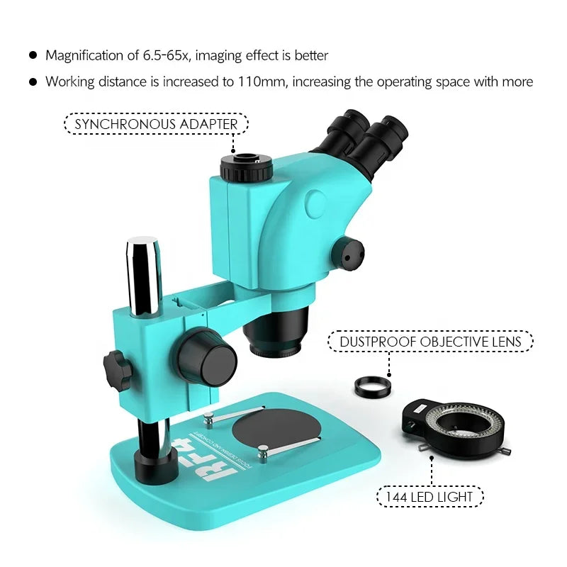 RF6565TV 6.5X to 65X Trinocular Microscope 144 LED Light