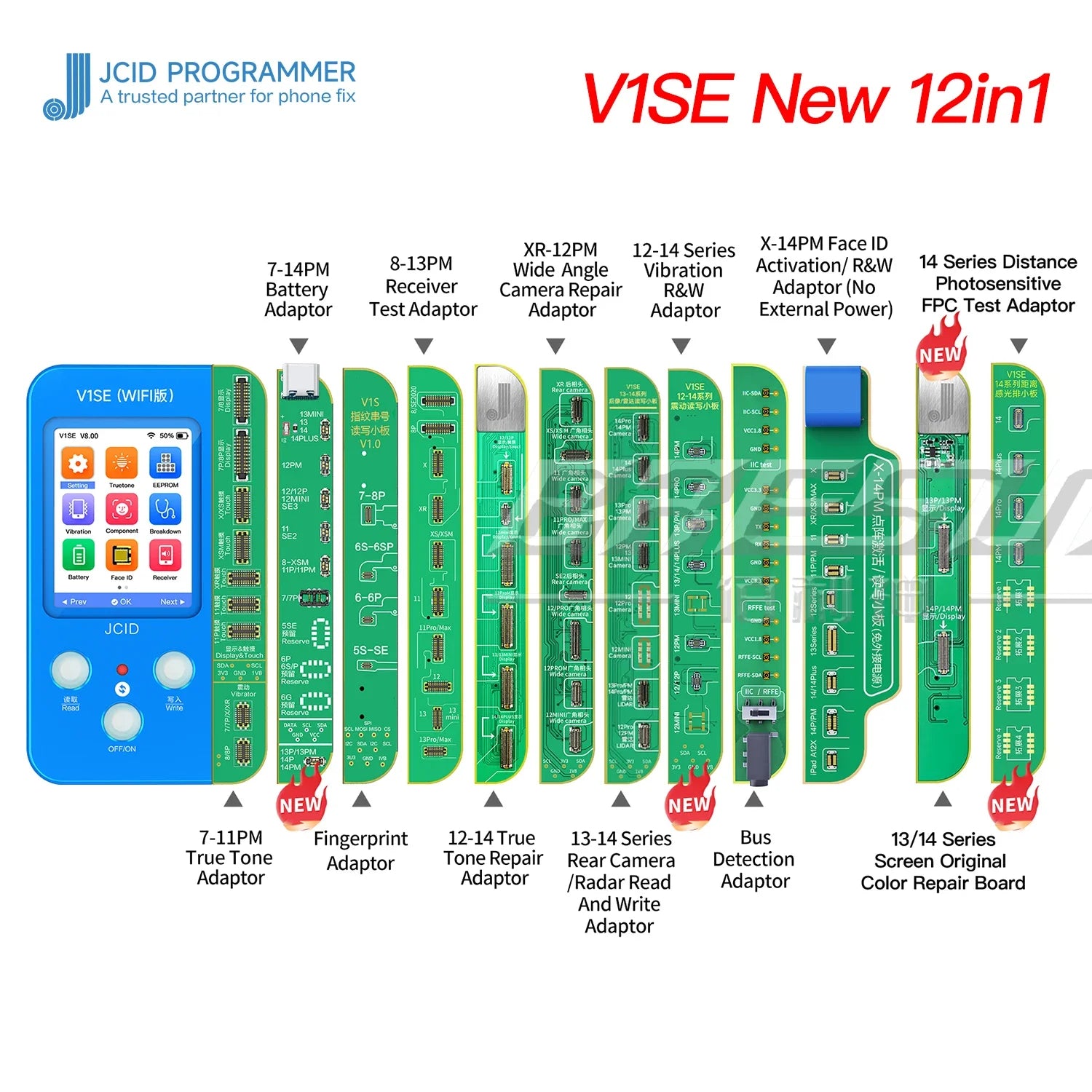 JCID V1SE Programmer iPhone X 11 12 13 14Series photosensitive original  color touch vibration fingerprint battery data face repair