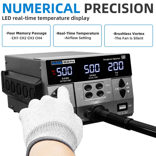 SUGON 8630Pro 1300W Hot Air Gun Digital Display BGA Rework Station Curved Nozzle Welding Repair Desoldering Station